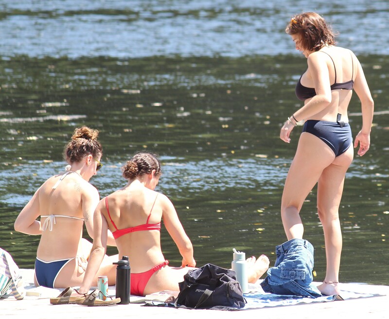 group of 3 bikini college sunbathers