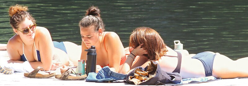 group of 3 bikini college sunbathers